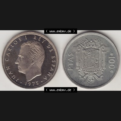 Alte Münzen KMS Spanien Madrid, Kursmünzensatz 1975, in Stempelglanz 1975-1979, 100 Peseten 1976-1, JUAN CARLOS I REY DE ESPAÑA. Vorderseite und Rückseite... Sammlung