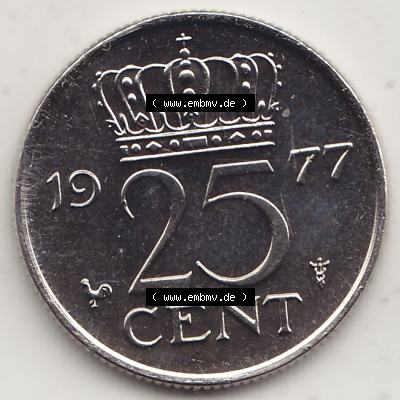 Alte Münzen KMS Niederlande, Kursmünzensatz 1977, 1950-1980, 25 Cent, 1977-1 JULIANA KONINGIN DER NEDERLANDEN. Rückseite mit Wert-Zahl bzw. Nennwert... Sammlung