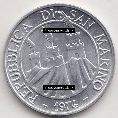 Bildmaterial Münzensatz / KMS 1974 aus San Marino 1974-1974, 2 Lire, L.2 MINGUZZI MONASSI INC.. Vorderseite einer Umlaufmünze aus 1974 REPUBBLICA DI SAN MARINO,... Sammlung