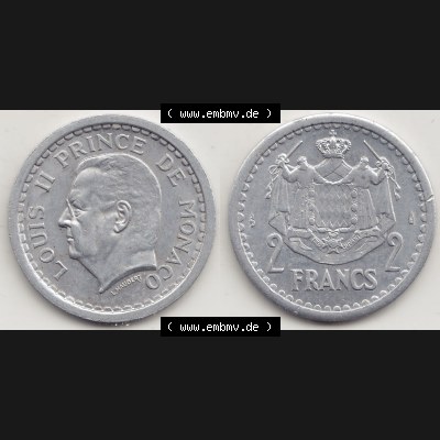Alte Münzen Monaco Umlaufmünze Vollansicht 1943-1943, 2 Franken 1943-1 in Aluminium, LOUIS II PRINCE DE MONACO, 2 FRANCS DEO JUVANTE. Vorderseite und Rückseite horizontal... Sammlung