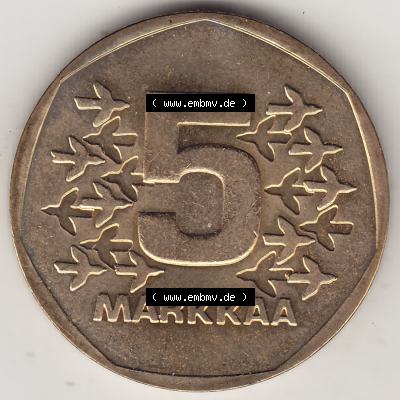 Alte Münzen KMS Finnland, Kursmünzensatz 1978 in Stempelglanz 1972-1978, 5 finnische Mark, Markkaa, 1978-1. Rückseite mit Wert-Zahl bzw. Nennwert einer... Sammlung