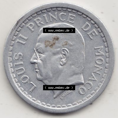 Alte Münzen Monaco Umlaufmünze Einzelansicht 1943-1943, 2 Franken 1943-2, in Aluminium, LOUIS II PRINCE DE MONACO, 2 FRANCS DEO JUVANTE. Vorderseite der alten Umlaufmünze... Sammlung