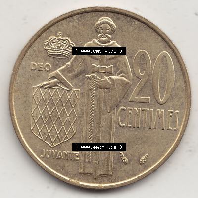 Alte Münzen Monaco Umlaufmünze Einzelansicht 1962-1995, 20 Centimes, Cent 1979-1, RAINIER III PRINCE DE MONACO SIMON, 20 CENTIMES DEO JUVANTE. Rückseite auf... Sammlung