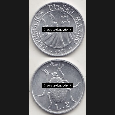 Bildmaterial Münzensatz / KMS 1974 aus San Marino 1974-1974, 2 Lire, L.2 MINGUZZI MONASSI INC.. Vorderseite und Rückseite als vertikales untereinander zusammengefügte... Sammlung