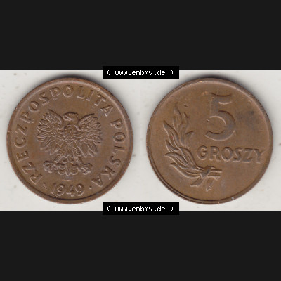 Münzen Polen KMS, Kursmünzensatz 1949-1949, Republik Polen 5 Groszy, Groschen, Bronze 1949-1. Vorderseite und Rückseite horizontal mit Wert-Zahl / Wert-Angabe... Sammlung