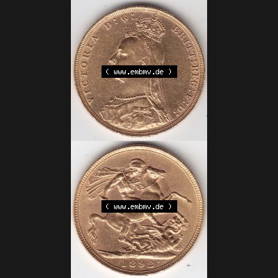 Alte Goldmünzen Großbritannien Gold-Münze 1887-1892, 1 Pfund Sovereign 1892. Vorderseite und Rückseite vertikal untereinander auf einen digitalen Bild, für... Sammlung