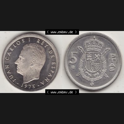 Alte Münzen KMS Spanien Madrid, Kursmünzensatz 1977, in Stempelglanz Spanien / Espana 1975-1980, 5 PTAS Peseten, 1977-1. Vorderseite und Rückseite mit... Sammlung