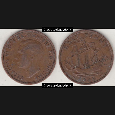 Alte Münzen Großbritannien Umlaufmünze 1937-1948, Half Penny, 1948-1, George VI, HALF PENNY HP, Segelschiff. Vorderseite und Rückseite horizontal... Sammlung
