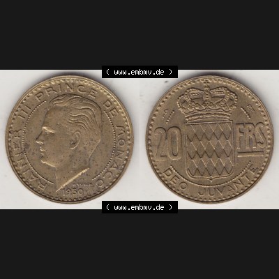 Alte Münzen Monaco Umlaufmünze Vollansicht 1950-1951, 20 Franken - FRS, Francs, 1950-1, P. TURIN RAINIER III PRINCE DE MONACO, 20 FRS DEO JUVANTE.... Sammlung
