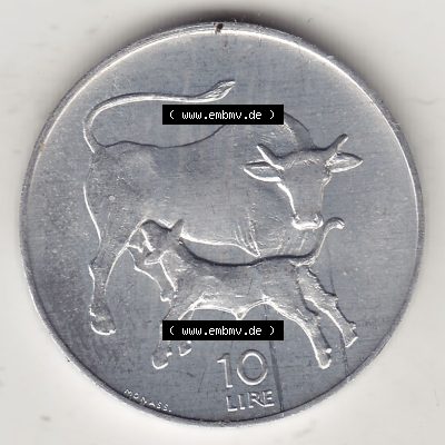 Bildmaterial Münzensatz / KMS 1972 aus San Marino 1972-1972, 10 Lire 1972, MONASSI REPUBBLICA DI SAN MARINO, 10 LIRE. Rückseite als Einzelansicht einer Umlaufmünze... Sammlung