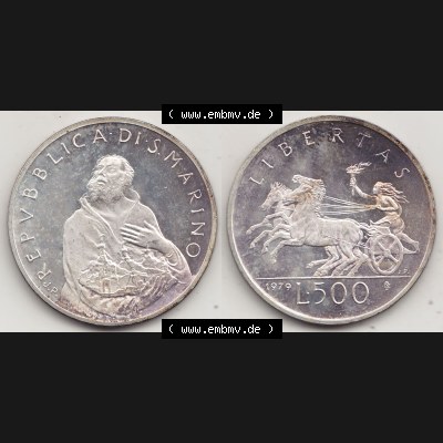 Bildmaterial Münzensatz / KMS 1979 aus San Marino 1979-1979, 500 Lire, Silbermünze J.P. REPVBBLICA DI SAN MARINO, 1979 J.P. L.500 LIBERTAS.... Sammlung