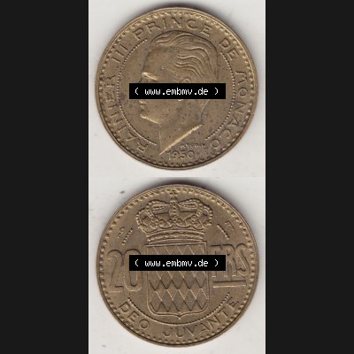 Alte Münzen Monaco Umlaufmünze Vollansicht 1950-1951, 20 Franken - FRS, Francs, 1950-1, P. TURIN RAINIER III PRINCE DE MONACO, 20 FRS DEO JUVANTE.... Sammlung