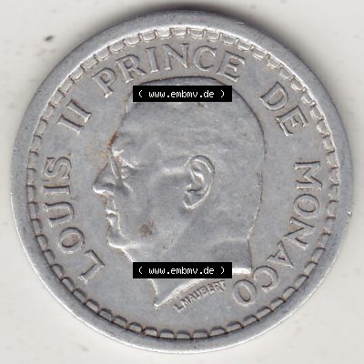 Alte Münzen Monaco Umlaufmünze Einzelansicht 1943-1943, 1 Franken 1943-1 Aluminium, L. MAUBERT LOUIS II PRINCE DE MONACO, 1 FRANC DEO JUVANTE. Vorderseite der... Sammlung