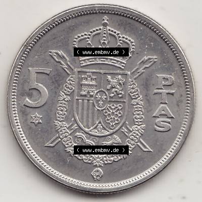 Alte Münzen KMS Spanien Madrid, Kursmünzensatz 1977, in Stempelglanz Spanien / Espana 1975-1980, 5 PTAS Peseten, 1977-1. Rückseite mit Wert-Zahl der alten... Sammlung