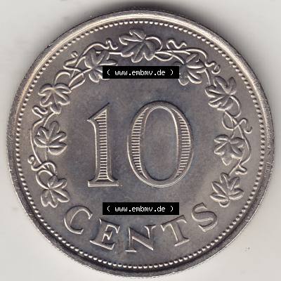 Bildmaterial Münzensatz / KMS 1972 aus Malta 1972-1981, 10 Cent 1972-1, MALTA 10 CENTS. Rückseite als Einzelansicht einer Umlaufmünze aus 1972 Malta, Münze... Sammlung