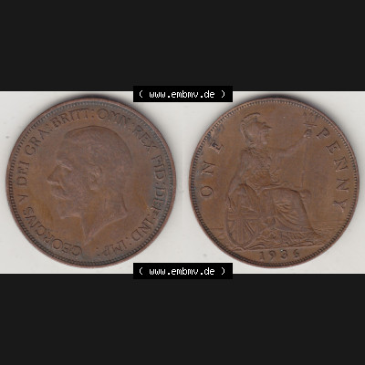 Münzen Großbritannien Umlaufmünze 1928-1936, 1 One Penny, 1936-3, George V. BM GEORGIVS V DEI GRABRITTOMNREX FIDDEFINDIMP. Vorderseite und Rückseite... Sammlung