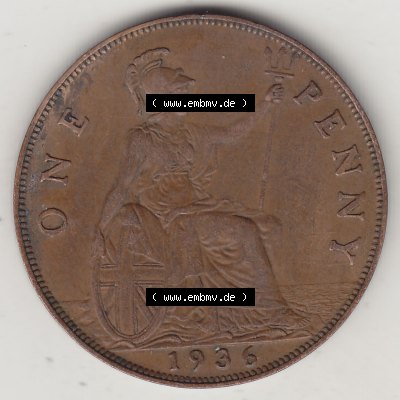 Münzen Großbritannien Umlaufmünze 1928-1936, 1 One Penny, 1936-3, George V. BM GEORGIVS V DEI GRABRITTOMNREX FIDDEFINDIMP. Rückseite der alten britischen... Sammlung