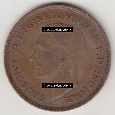 Münzen Großbritannien Umlaufmünze 1937-1948. 1 One Penny 1945-1, George VI, GEORGIVS VI DGBROMNREX FDINDIMP. HP. Vorderseite der alten britischen Münze... Sammlung