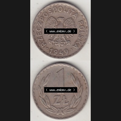 Münzen Polen KMS, Kursmünzensatz 1949-1949, Republik Polen 1 Zloty, Kupfer 1949-1. Vorderseite und Rückseite vertikal, untereinander mit Wert-Zahl / Wert-Angabe... Sammlung