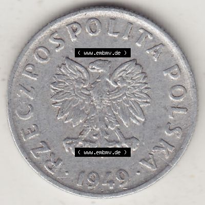 Münzen Polen KMS, Kursmünzensatz 1949-1949, Republik Polen 5 Groszy, Groschen, Aluminium 1949-1. Vorderseite einer polnischen Münzen auf einen Digitalen Bild... Sammlung