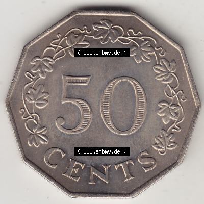 Bildmaterial Münzensatz / KMS 1972 aus Malta 1972-1981, 50 Cent 1972-1, MALTA 50 CENTS. Rückseite als Einzelansicht einer Umlaufmünze aus 1972 Malta, Münze... Sammlung