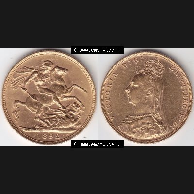 Alte Goldmünzen Großbritannien Gold-Münze 1887-1892, 1 Pfund Sovereign 1892. Vorderseite und Rückseite horizontal auf einen digitalen Bild der alten britischen Goldmünze... Sammlung