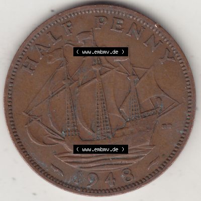 Alte Münzen Großbritannien Umlaufmünze 1937-1948, Half Penny, 1948-1, George VI, HALF PENNY HP, Segelschiff. Rückseite der alten britischen Münze... Sammlung