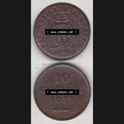 Bildmaterial Münzen aus San Marino vor 1950, 1935-1938, 10 Centesimi, (Cent-Wert), 1935-1, LIBERTAS REPUBBLICA DI S. MARINO, 10 CENTESIMI 1935.... Sammlung