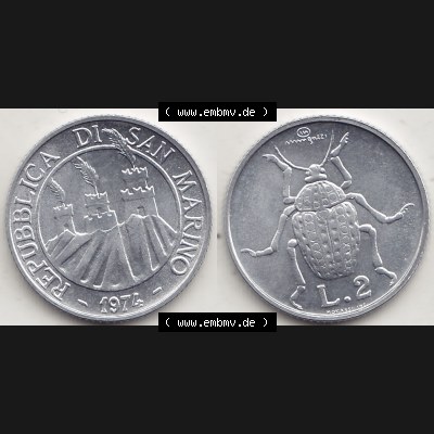 Bildmaterial Münzensatz / KMS 1974 aus San Marino 1974-1974, 2 Lire, L.2 MINGUZZI MONASSI INC.. Vorderseite und Rückseite als horizontales Bildmaterial für... Sammlung