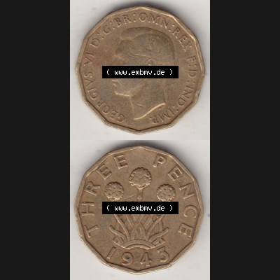 Alte Münzen Großbritannien Umlaufmünze 1937-1948, 3 Pence, Three Pence 1943-2, George VI, GEORGIVS VI D G BR OMN REX F D IND IMP. Vorderseite und Rückseite... Sammlung
