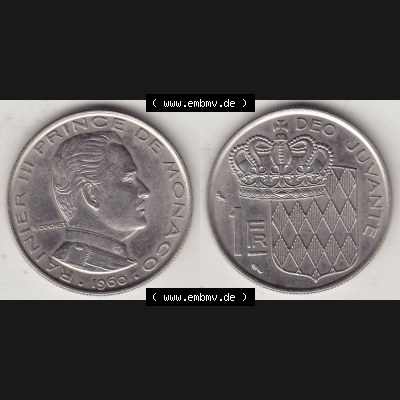 Alte Münzen Monaco Umlaufmünze Vollansicht 1960-1995, 1 Franken, Francs 1960-1, RAINIER III PRINCE DE MONACO R. COCHET, 1 FR DEO JUVANTE. Vorderseite und... Sammlung
