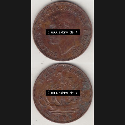 Alte Münzen Großbritannien Umlaufmünze 1949-1952, Half Penny, 1950-1, George VI, HALF PENNY HP, Segelschiff. Vorderseite und Rückseite vertikal... Sammlung