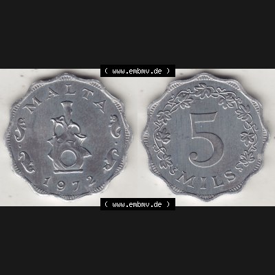 Bildmaterial Münzensatz / KMS 1972 aus Malta 1972-2007, 5 Mils 1972-1, MALTA 5 MILS. Vorderseite und Rückseite als horizontales Bildmaterial für Computer-Grafiker... Sammlung