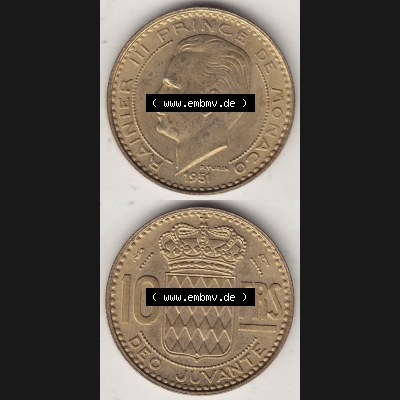 Alte Münzen Monaco Umlaufmünze Vollansicht 1950-1951, 10 Franken - FRS, Francs, 1951-1, P. TURIN RAINIER III PRINCE DE MONACO, 10 FRS DEO JUVANTE.... Sammlung