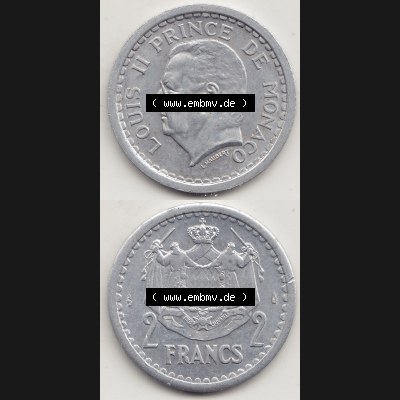 Alte Münzen Monaco Umlaufmünze Vollansicht 1943-1943, 2 Franken 1943-1 in Aluminium, LOUIS II PRINCE DE MONACO, 2 FRANCS DEO JUVANTE. Vorderseite und Rückseite vertikal... Sammlung