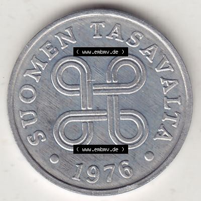 Alte Münzen KMS Finnland, Kursmünzensatz 1976 in Stempelglanz 1969-1979, 1 Penny, Penni 1976-1, SUOMEN TASAVALTA. Vorderseite einer Münze aus KMS / Kursmünzen... Sammlung