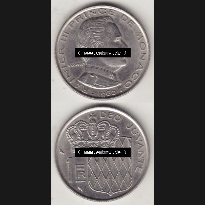 Alte Münzen Monaco Umlaufmünze Vollansicht 1960-1995, 1 Franken, Francs 1960-1, RAINIER III PRINCE DE MONACO R. COCHET, 1 FR DEO JUVANTE. Vorderseite und... Sammlung