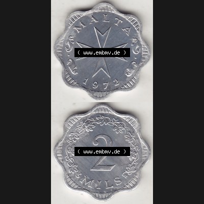 Bildmaterial Münzensatz / KMS 1972 aus Malta 1972-2007, 2 Mils 1972-1, MALTA 2 MILS. Vorderseite und Rückseite als vertikales untereinander zusammengefügte Bilder... Sammlung