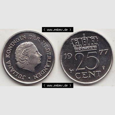 Alte Münzen KMS Niederlande, Kursmünzensatz 1977, 1950-1980, 25 Cent, 1977-1 JULIANA KONINGIN DER NEDERLANDEN. Digitales Bild / Bildmaterial mit Vorderseite... Sammlung