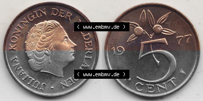 Alte Münzen KMS Niederlande, Kursmünzensatz 1977, 1950-1980, 5 Cent, 1977 (Stück 1), JULIANA KONINGIN DER NEDERLANDEN. Digitales... Sammlung