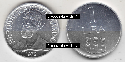 Bildmaterial Münzensatz / KMS 1972 aus San Marino 1972-1972, 1 Lira, Lire 1972, 1 LIRA MONASSI REPUBBLICA DI SAN MARINO. Vorderseite... Sammlung