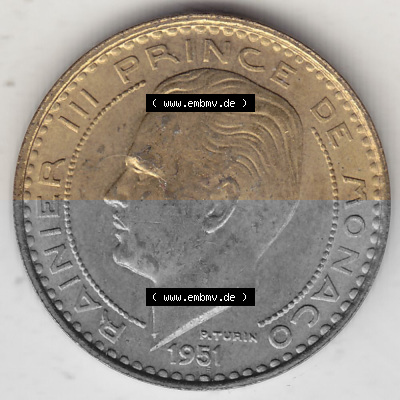 Alte Münzen Monaco Umlaufmünze Einzelansicht 1950-1951, 10 Franken - FRS, Francs, 1951 (Stück 1), P. TURIN RAINIER III PRINCE... Sammlung