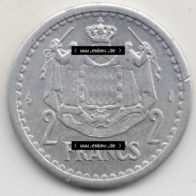 Alte Münzen Monaco Umlaufmünze Einzelansicht 1943-1943, 2 Franken 1943 (Stück 1) in Aluminium, LOUIS II PRINCE DE MONACO, 2... Sammlung