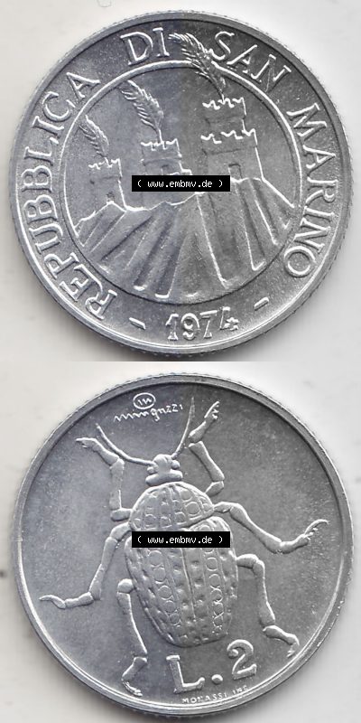 Bildmaterial Münzensatz / KMS 1974 aus San Marino 1974-1974, 2 Lire, L.2 MINGUZZI MONASSI INC.. Vorderseite und Rückseite als... Sammlung