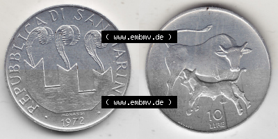 Bildmaterial Münzensatz / KMS 1972 aus San Marino 1972-1972, 10 Lire 1972, MONASSI REPUBBLICA DI SAN MARINO, 10 LIRE. Vorderseite... Sammlung