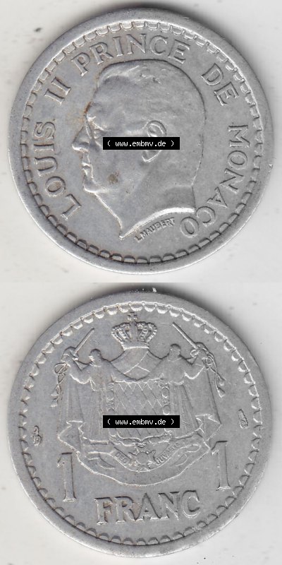 Alte Münzen Monaco Umlaufmünze Vollansicht 1943-1943, 1 Franken 1943 (Stück 1) Aluminium, L. MAUBERT LOUIS II PRINCE DE MONACO,... Sammlung