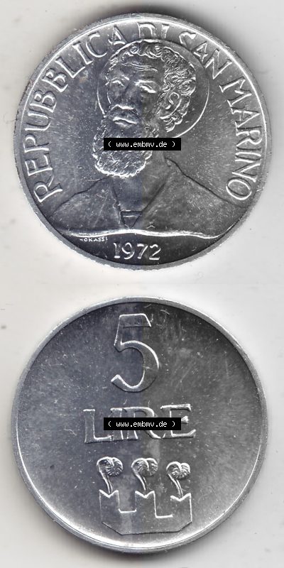 Bildmaterial Münzensatz / KMS 1972 aus San Marino 1972-1972, 5 Lire, 1972, LIRE MONASSI REPUBBLICA DI SAN MARINO. Vorderseite... Sammlung