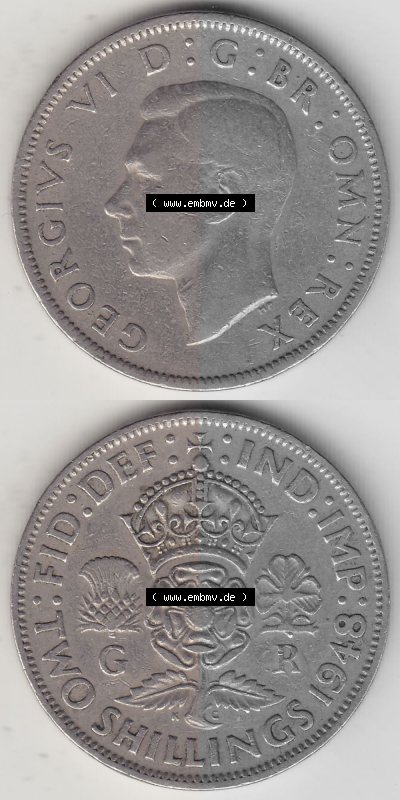 Alte Münzen Großbritannien Umlaufmünze 1947-1948, 2 Schilling-Florin, Two Shillings, 1948 (Stück 7), George VI, GEORGIVS VI... Sammlung