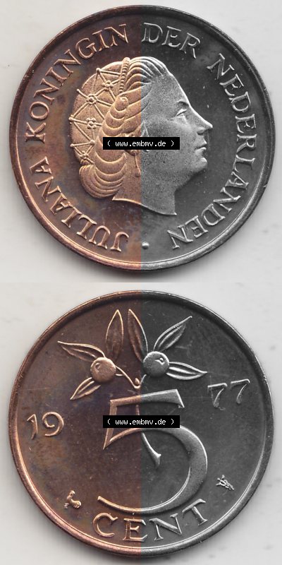 Alte Münzen KMS Niederlande, Kursmünzensatz 1977, 1950-1980, 5 Cent, 1977 (Stück 1), JULIANA KONINGIN DER NEDERLANDEN. Digitales... Sammlung