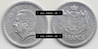 Alte Münzen Monaco Umlaufmünze Vollansicht 1943-1943, 2 Franken 1943 (Stück 1) in Aluminium, LOUIS II PRINCE DE MONACO, 2 FRANCS... Sammlung